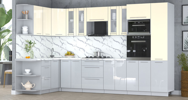 Изображение товара Кухонный гарнитур Интерлиния Мила Пластик 1.68x3.4 LV (ваниль/туманный глянец/белый гранит)