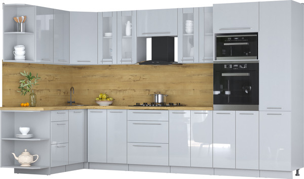 Изображение товара Кухонный гарнитур Интерлиния Мила Пластик 1.68x3.4 LV (туманный глянец/туманный глянец/дуб бунратти)