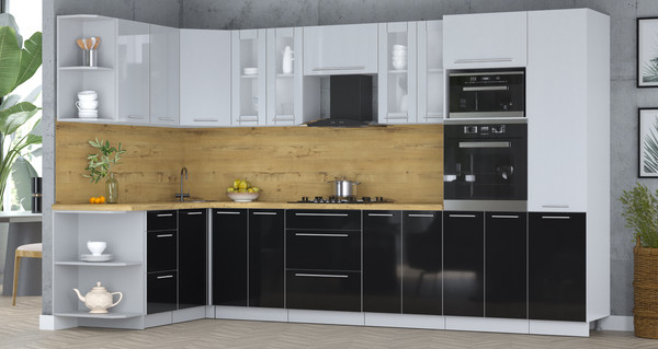 Изображение товара Кухонный гарнитур Интерлиния Мила Пластик 1.68x3.4 LV (туманный глянец/черный глянец/дуб бунратти)