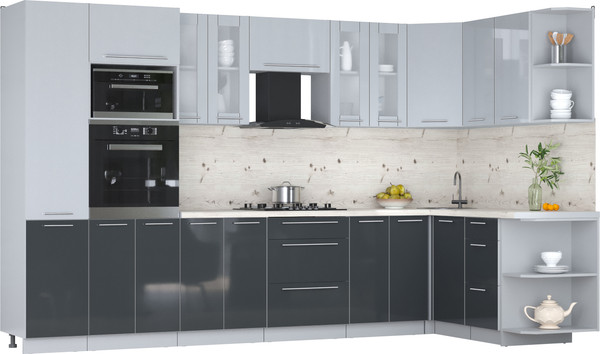 Изображение товара Кухонный гарнитур Интерлиния Мила Пластик 1.68x3.4 PR (туманный глянец/антрацит/бискайская сосна)