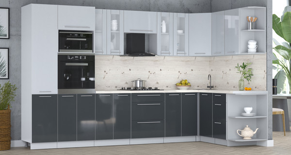 Изображение товара Кухонный гарнитур Интерлиния Мила Пластик 1.68x3.4 PR (туманный глянец/антрацит/бискайская сосна)