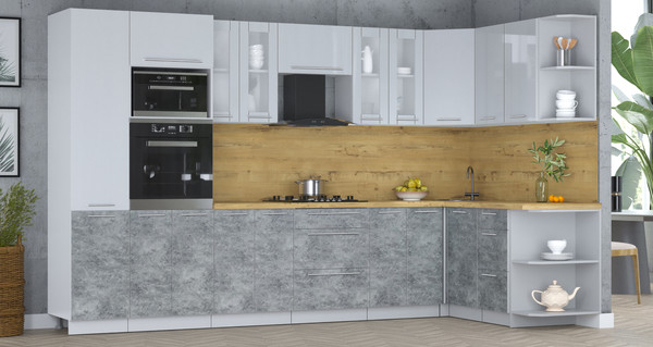 Изображение товара Кухонный гарнитур Интерлиния Мила Пластик 1.68x3.4 PR (туманный глянец/мрамор/дуб бунратти)