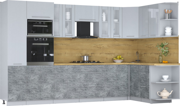 Изображение товара Кухонный гарнитур Интерлиния Мила Пластик 1.68x3.4 PR (туманный глянец/мрамор/дуб бунратти)