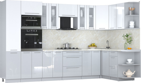 Изображение товара Кухонный гарнитур Интерлиния Мила Пластик 1.68x3.4 PR (белый глянец/туманный глянец/опал светлый)