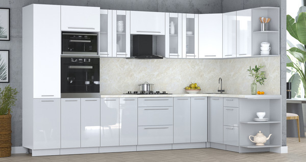 Изображение товара Кухонный гарнитур Интерлиния Мила Пластик 1.68x3.4 PR (белый глянец/туманный глянец/опал светлый)