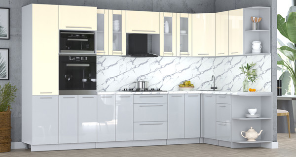 Изображение товара Кухонный гарнитур Интерлиния Мила Пластик 1.68x3.4 PR (ваниль/туманный глянец/белый гранит)