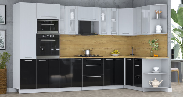 Изображение товара Кухонный гарнитур Интерлиния Мила Пластик 1.68x3.4 PR (туманный глянец/черный глянец/дуб бунратти)