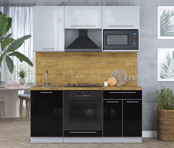 Изображение товара Кухонный гарнитур Интерлиния Мила Пластик 1.7 (туманный глянец/черный глянец/дуб бунратти)