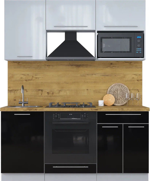 Изображение товара Кухонный гарнитур Интерлиния Мила Пластик 1.7 (туманный глянец/черный глянец/дуб бунратти)