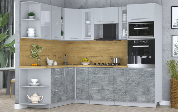 Изображение товара Кухонный гарнитур Интерлиния Мила Пластик 1.88x2.4 LV (туманный глянец/мрамор/дуб бунратти)