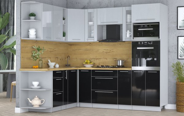 Изображение товара Кухонный гарнитур Интерлиния Мила Пластик 1.88x2.4 LV (туманный глянец/черный глянец/дуб бунратти)