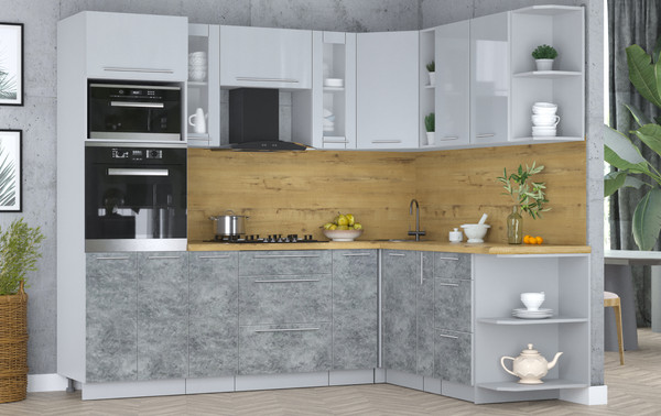 Изображение товара Кухонный гарнитур Интерлиния Мила Пластик 1.88x2.4 PR (туманный глянец/мрамор/дуб бунратти)