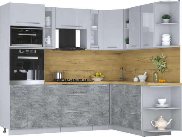 Изображение товара Кухонный гарнитур Интерлиния Мила Пластик 1.88x2.4 PR (туманный глянец/мрамор/дуб бунратти)