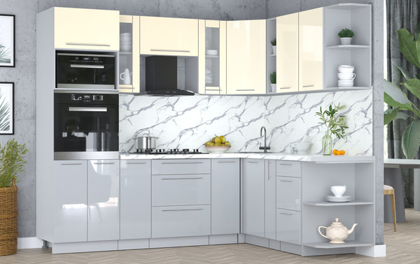 Изображение товара Кухонный гарнитур Интерлиния Мила Пластик 1.88x2.4 PR (ваниль/туманный глянец/белый гранит)