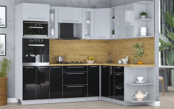 Изображение товара Кухонный гарнитур Интерлиния Мила Пластик 1.88x2.4 PR (туманный глянец/черный глянец/дуб бунратти)