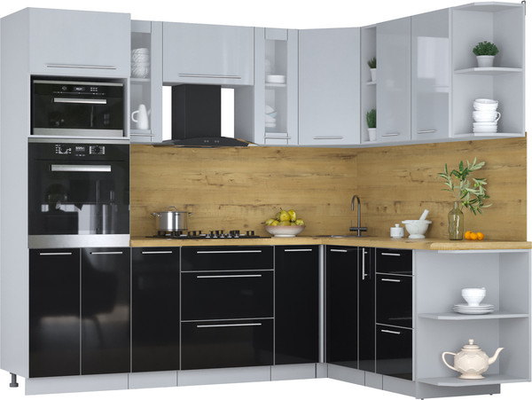 Изображение товара Кухонный гарнитур Интерлиния Мила Пластик 1.88x2.4 PR (туманный глянец/черный глянец/дуб бунратти)