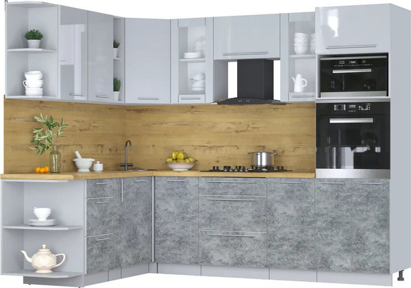 Изображение товара Кухонный гарнитур Интерлиния Мила Пластик 1.88x2.6 LV (туманный глянец/мрамор/дуб бунратти)