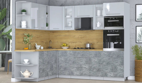 Изображение товара Кухонный гарнитур Интерлиния Мила Пластик 1.88x2.6 LV (туманный глянец/мрамор/дуб бунратти)