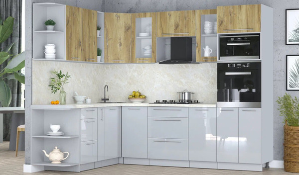 Изображение товара Кухонный гарнитур Интерлиния Мила Пластик 1.88x2.6 LV (дуб эпоксид/туманный глянец/опал светлый)