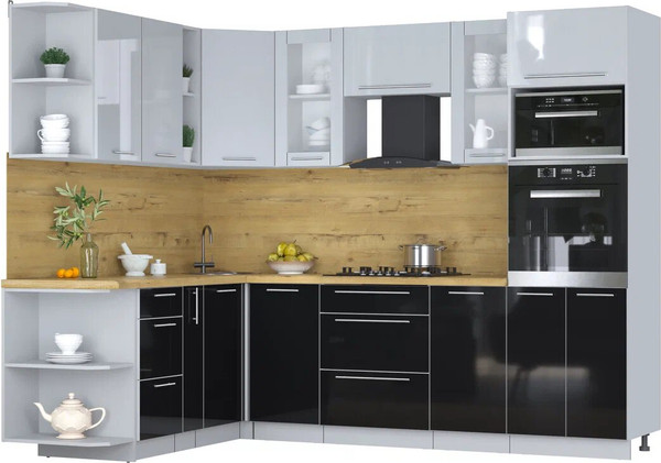 Изображение товара Кухонный гарнитур Интерлиния Мила Пластик 1.88x2.6 LV (туманный глянец/черный глянец/дуб бунратти)