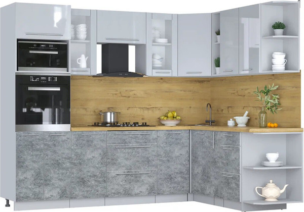 Изображение товара Кухонный гарнитур Интерлиния Мила Пластик 1.88x2.6 PR (туманный глянец/мрамор/дуб бунратти)