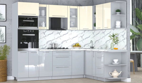 Изображение товара Кухонный гарнитур Интерлиния Мила Пластик 1.88x2.6 PR (ваниль/туманный глянец/белый гранит)