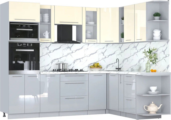 Изображение товара Кухонный гарнитур Интерлиния Мила Пластик 1.88x2.6 PR (ваниль/туманный глянец/белый гранит)