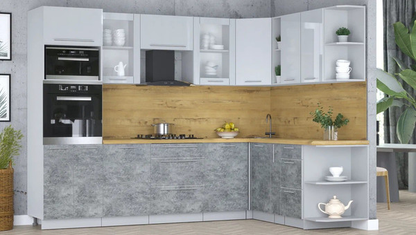 Изображение товара Кухонный гарнитур Интерлиния Мила Пластик 1.88x2.8 PR (туманный глянец/мрамор/дуб бунратти)