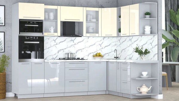 Изображение товара Кухонный гарнитур Интерлиния Мила Пластик 1.88x2.8 PR (ваниль/туманный глянец/белый гранит)