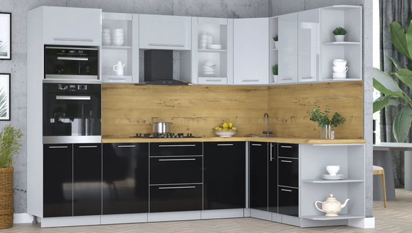 Изображение товара Кухонный гарнитур Интерлиния Мила Пластик 1.88x2.8 PR (туманный глянец/черный глянец/дуб бунратти)