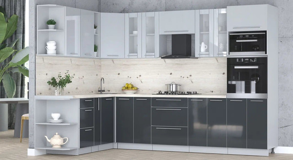 Изображение товара Кухонный гарнитур Интерлиния Мила Пластик 1.88x3.0 LV (туманный глянец/антрацит/бискайская сосна)