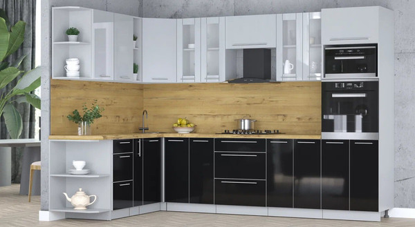 Изображение товара Кухонный гарнитур Интерлиния Мила Пластик 1.88x3.0 LV (туманный глянец/черный глянец/дуб бунратти)