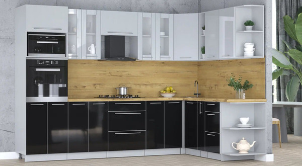 Изображение товара Кухонный гарнитур Интерлиния Мила Пластик 1.88x3.0 PR (туманный глянец/черный глянец/дуб бунратти)