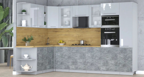 Изображение товара Кухонный гарнитур Интерлиния Мила Пластик 1.88x3.2 LV (туманный глянец/мрамор/дуб бунратти)