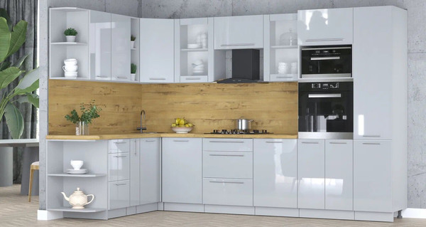 Изображение товара Кухонный гарнитур Интерлиния Мила Пластик 1.88x3.2 LV (туманный глянец/туманный глянец/дуб бунратти)