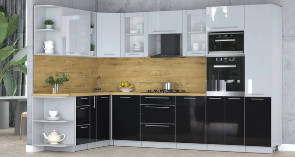 Изображение товара Кухонный гарнитур Интерлиния Мила Пластик 1.88x3.2 LV (туманный глянец/черный глянец/дуб бунратти)