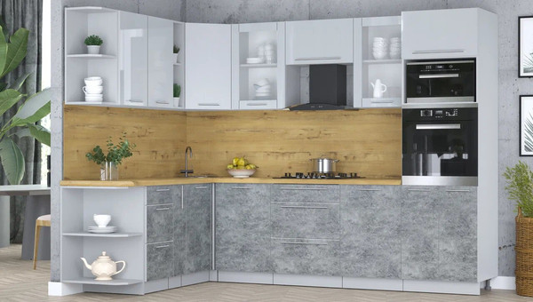 Изображение товара Кухонный гарнитур Интерлиния Мила Пластик 1.88x2.8 LV (туманный глянец/мрамор/дуб бунратти)