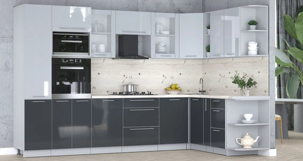 Изображение товара Кухонный гарнитур Интерлиния Мила Пластик 1.88x3.2 PR (туманный глянец/антрацит/бискайская сосна)