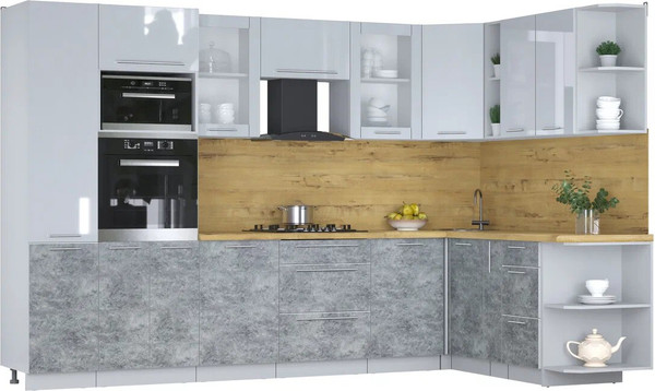 Изображение товара Кухонный гарнитур Интерлиния Мила Пластик 1.88x3.2 PR (туманный глянец/мрамор/дуб бунратти)