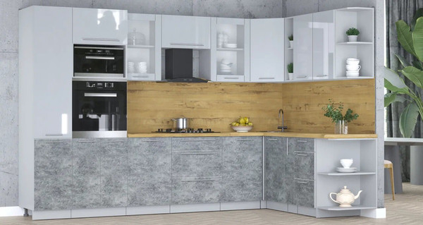 Изображение товара Кухонный гарнитур Интерлиния Мила Пластик 1.88x3.2 PR (туманный глянец/мрамор/дуб бунратти)