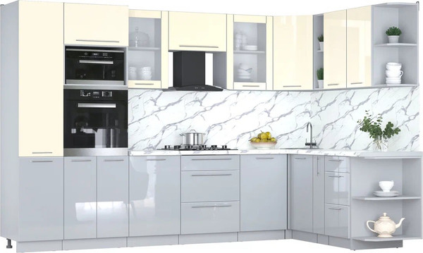 Изображение товара Кухонный гарнитур Интерлиния Мила Пластик 1.88x3.2 PR (ваниль/туманный глянец/белый гранит)