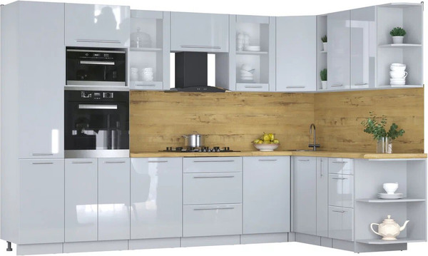 Изображение товара Кухонный гарнитур Интерлиния Мила Пластик 1.88x3.2 PR (туманный глянец/туманный глянец/дуб бунратти)