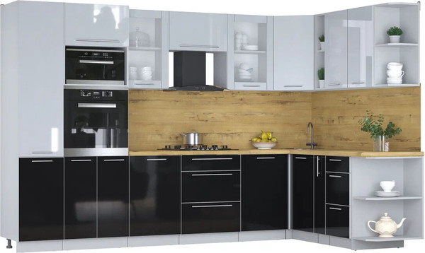 Изображение товара Кухонный гарнитур Интерлиния Мила Пластик 1.88x3.2 PR (туманный глянец/черный глянец/дуб бунратти)