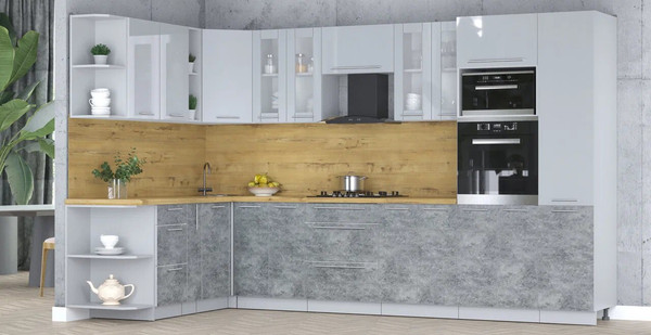 Изображение товара Кухонный гарнитур Интерлиния Мила Пластик 1.88x3.4 LV (туманный глянец/мрамор/дуб бунратти)