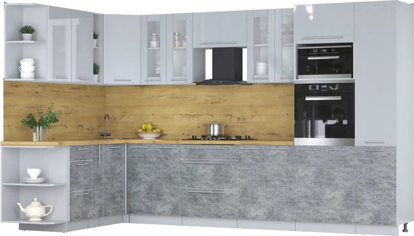 Изображение товара Кухонный гарнитур Интерлиния Мила Пластик 1.88x3.4 LV (туманный глянец/мрамор/дуб бунратти)