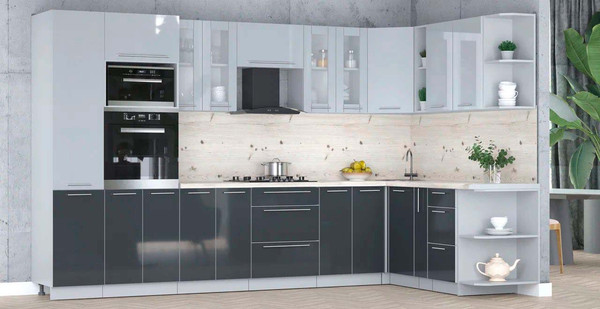 Изображение товара Кухонный гарнитур Интерлиния Мила Пластик 1.88x3.4 PR (туманный глянец/антрацит/бискайская сосна)