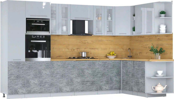 Изображение товара Кухонный гарнитур Интерлиния Мила Пластик 1.88x3.4 PR (туманный глянец/мрамор/дуб бунратти)