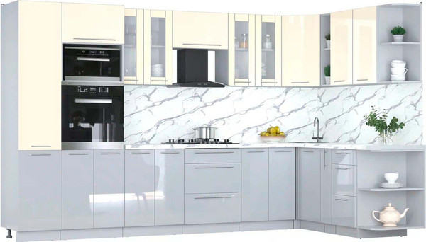 Изображение товара Кухонный гарнитур Интерлиния Мила Пластик 1.88x3.4 PR (ваниль/туманный глянец/белый гранит)