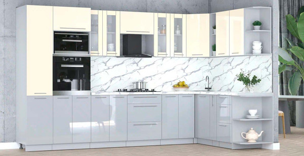 Изображение товара Кухонный гарнитур Интерлиния Мила Пластик 1.88x3.4 PR (ваниль/туманный глянец/белый гранит)