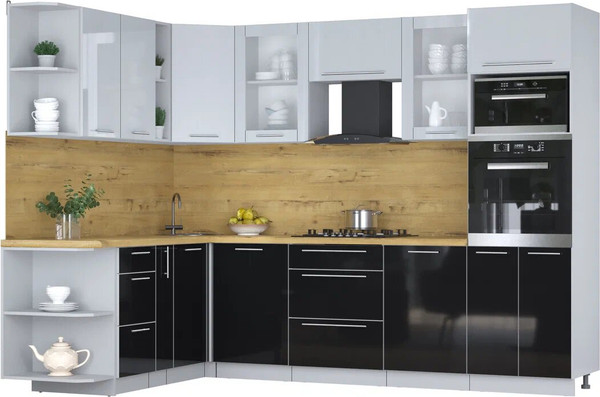 Изображение товара Кухонный гарнитур Интерлиния Мила Пластик 1.88x2.8 LV (туманный глянец/черный глянец/дуб бунратти)